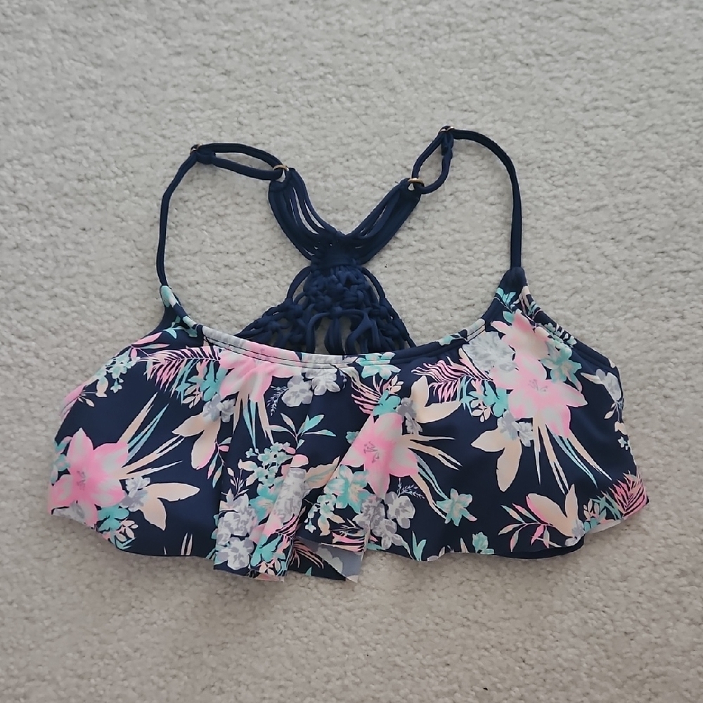 Blue and Pink Tropical Pattern Swim Bikini Top